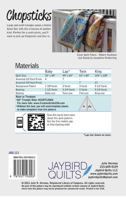 Jaybird Quilt Chopsticks Quilt Pattern - 4 Size Variations Per Pattern