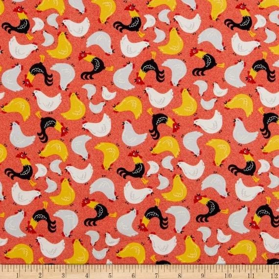Timeless Treasures Farm Fabric Collection Tossed Roosters on Coral Premium 100% Cotton Quilt Shop Quality Fabrics