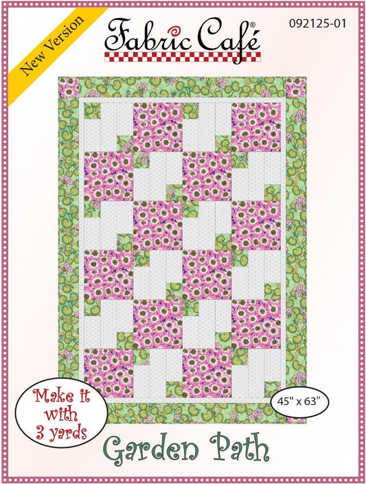 May include: A quilting pattern for a quilt called 'Garden Path.' The quilt is made with pink and green fabric and has a white background. The pattern is for a 45 inch by 63 inch quilt and requires 3 yards of fabric. The pattern is from Fabric Cafe and has the product number 092125-01.