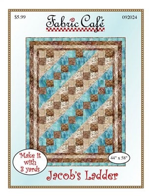 May include: A quilting pattern for a quilt called Jacob's Ladder. The pattern features a diagonal design with brown and blue squares. The pattern is made with 3 yards of fabric and measures 44 inches by 58 inches. The text 'Fabric Cafe' is at the top of the pattern. The text '$5.99' and '092024' are also on the pattern.