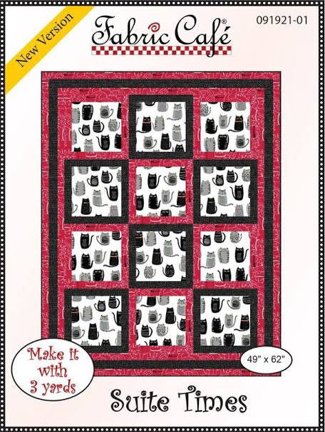 May include: A quilting pattern for a quilt featuring a black and white cat print fabric. The pattern is called 'Suite Times' and is from Fabric Cafe. The pattern is 49 inches by 62 inches and requires 3 yards of fabric.