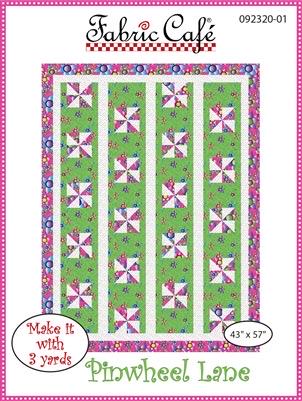 May include: A quilting pattern for a pinwheel lane quilt. The pattern features a green background with white and pink pinwheels. The text on the pattern reads 'Fabric Cafe', '092320-01', 'Make it with 3 yards', '43' x 57', and 'Pinwheel Lane'.