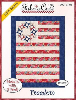May include: A quilting pattern for a red, white, and blue quilt with a floral design. The pattern is titled 'Freedom' and is from Fabric Cafe. The pattern is for a quilt that is 44 inches by 59 inches and can be made with 3 yards of fabric.
