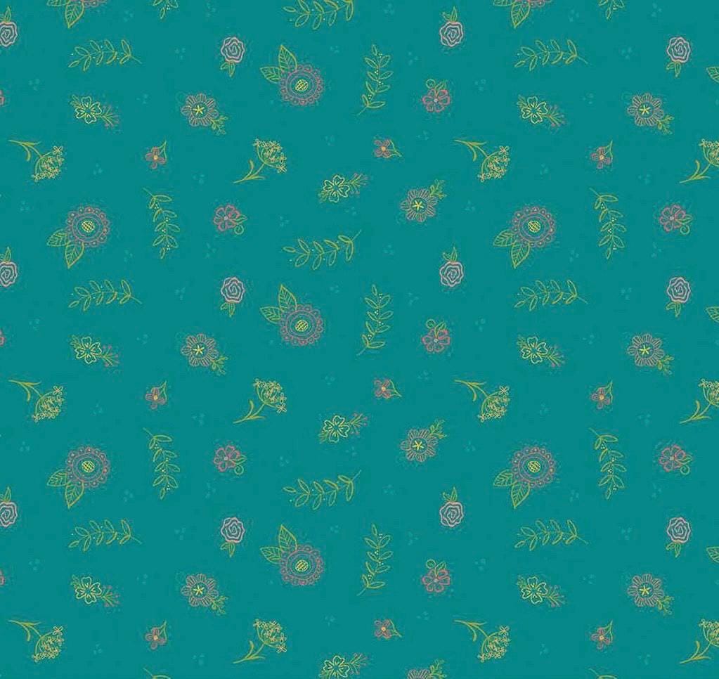 Riley Blake Heather Peterson Market Street Fabric Collection Embroidery Flowers on Teal Premium 100% Quilt Shop Quality Cotton Fabric