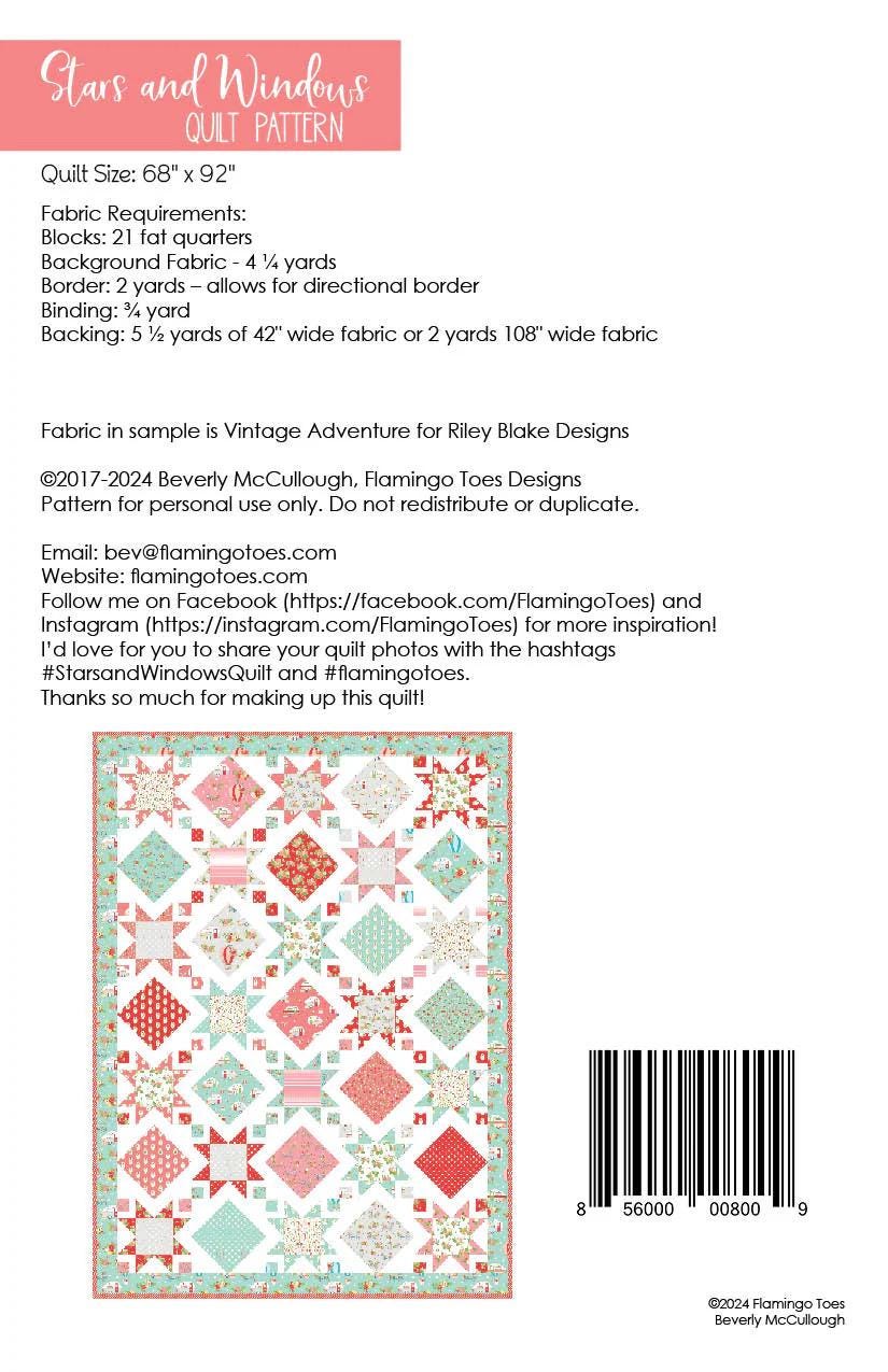 Flamingo Toes Stars and Windows Quilt Pattern Finished Size: 60"x84"