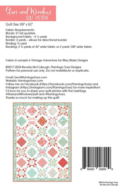 Flamingo Toes Stars and Windows Quilt Pattern Finished Size: 60"x84"