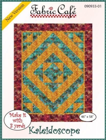 May include: A quilting pattern for a kaleidoscope quilt. The pattern features a red, orange, yellow, blue, and green color scheme. The pattern is called 'Kaleidoscope' and is made with 3 yards of fabric. The finished quilt measures 46 inches by 58 inches. The pattern is from Fabric Cafe and has the product number 090933-01.