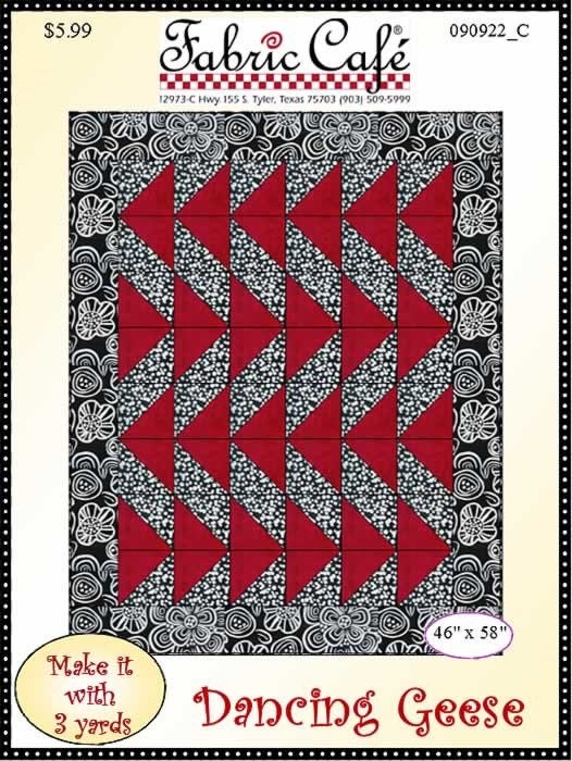 May include: A quilting pattern for a red and white quilt called 'Dancing Geese.' The pattern is 46 inches by 58 inches and requires 3 yards of fabric. The pattern is from Fabric Cafe, a quilting shop located in Tyler, Texas.