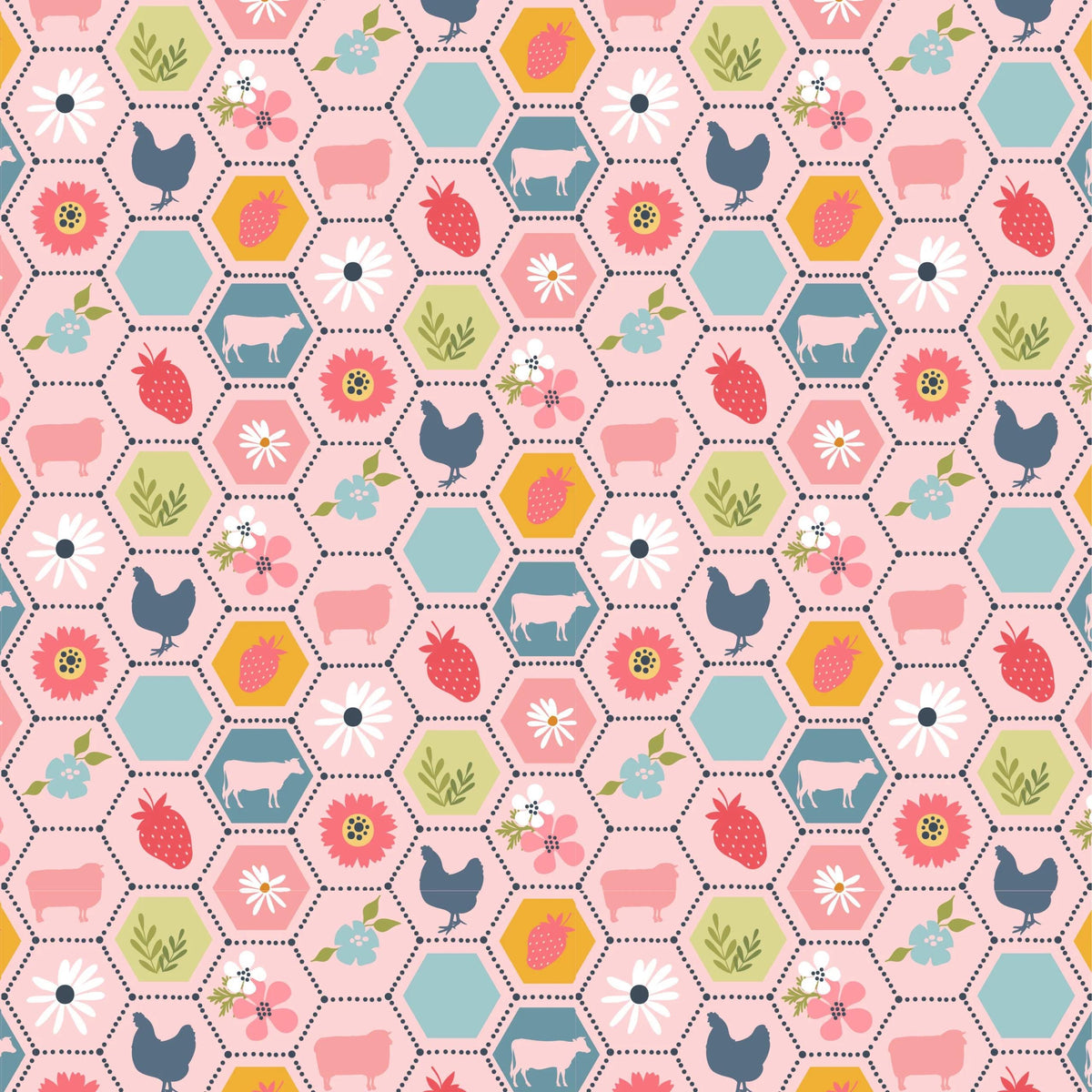 Poppie Cotton Sunshine & Chamomile Fabric Collection Strawberry Patch on Pink Premium 100% Cotton Quilt Shop Quality Fabrics