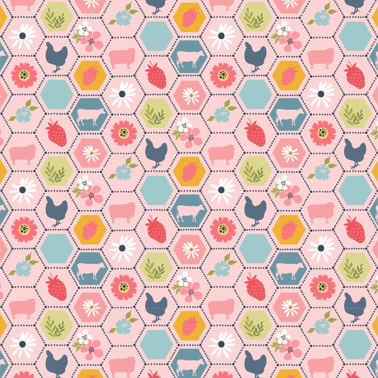Poppie Cotton Sunshine & Chamomile Fabric Collection Strawberry Patch on Pink Premium 100% Cotton Quilt Shop Quality Fabrics