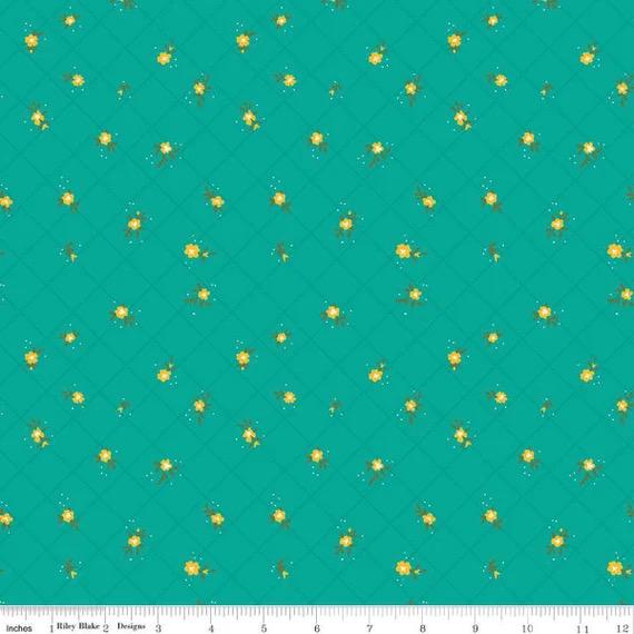 END OF BOLT 16" Riley Blake Heather Peterson Market Street Fabric Collection Flower Grid on Teal
