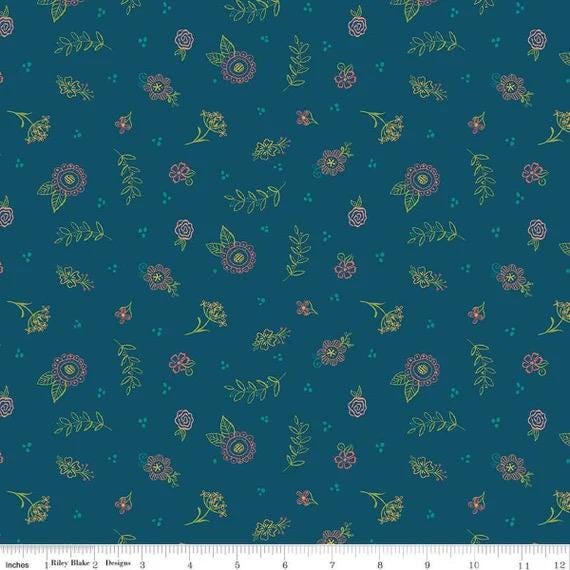 Riley Blake Heather Peterson Market Street Fabric Collection Embroidery Flowers on Navy Premium 100% Quilt Shop Quality Cotton Fabric