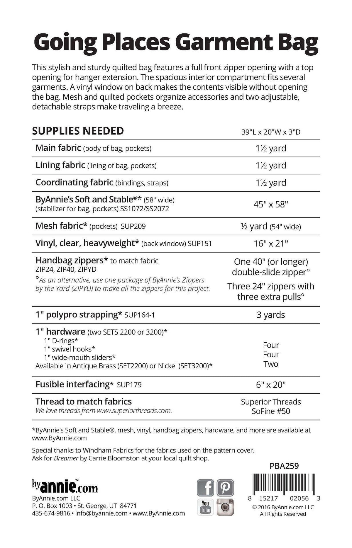 ByAnnie Going Places Garment Bag Pattern PBA259 (14 Colors of 18"x54" Mesh Packs Sold Separately)