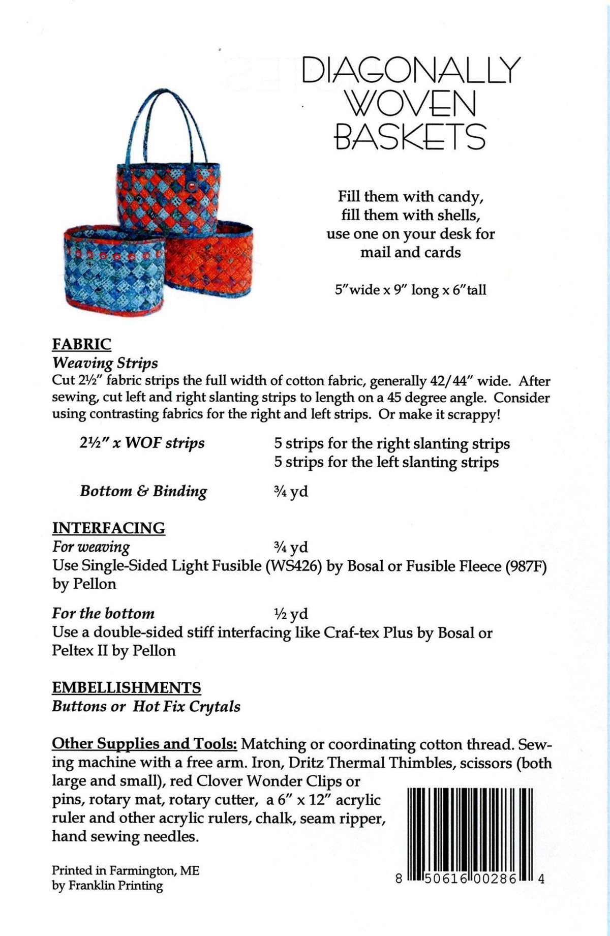 Aunties Two Diagonally Woven Baskets Pattern Finished Size: 5"x9"x6" AT286