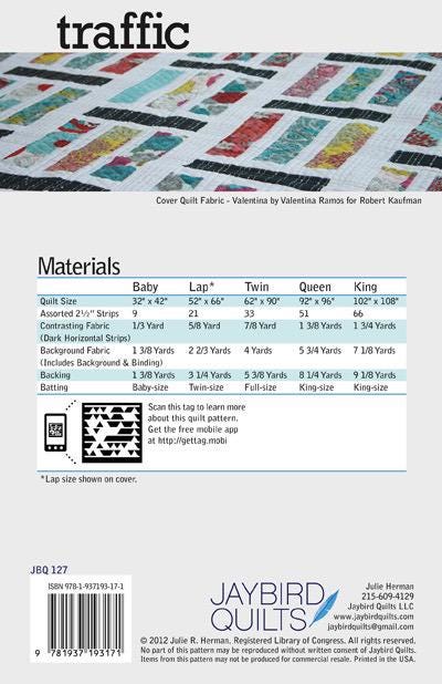 Jaybird Quilt Traffic Quilt Pattern - 5 Size Variations Per Pattern JBQ 127