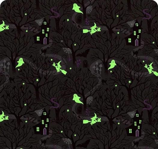 Glow-In-The-Dark Lewis & Irene Witchy Woods Fabric Collection Witchy Woods on Dark Gray Authentic Premium 100% Cotton Fabrics