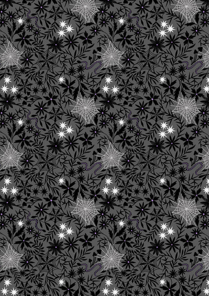 Glow-In-The-Dark Lewis & Irene Witchy Woods Fabric Collection Floral Cobwebs on Gray Authentic Premium 100% Cotton Fabrics