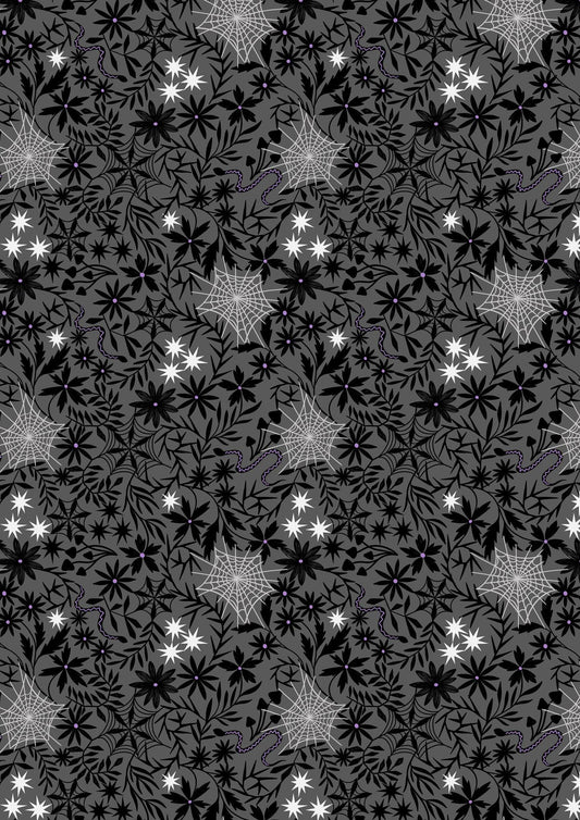Glow-In-The-Dark Lewis & Irene Witchy Woods Fabric Collection Floral Cobwebs on Gray Authentic Premium 100% Cotton Fabrics