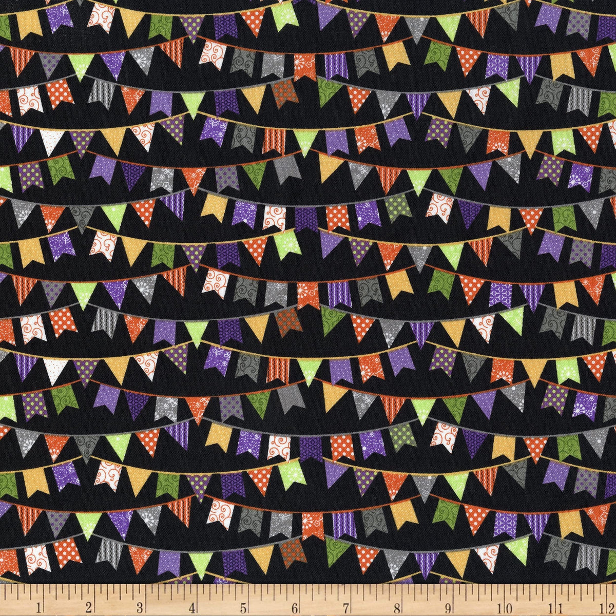 Maywood Studio Kimberbell Hometown Halloween Fabric Collection Flags on Black Premium 100% Cotton Quilt Shop Quality Fabrics