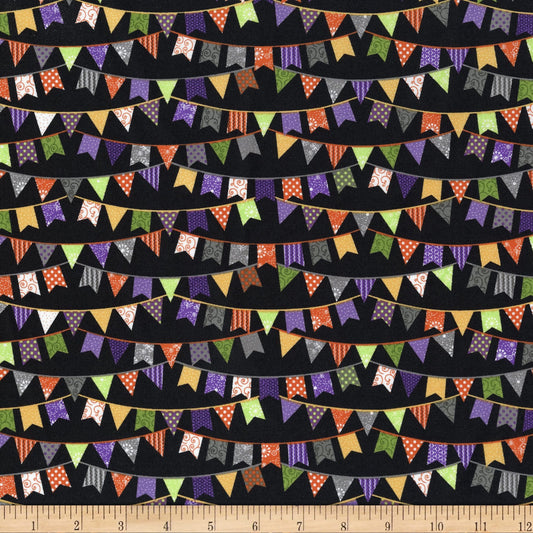 Maywood Studio Kimberbell Hometown Halloween Fabric Collection Flags on Black Premium 100% Cotton Quilt Shop Quality Fabrics