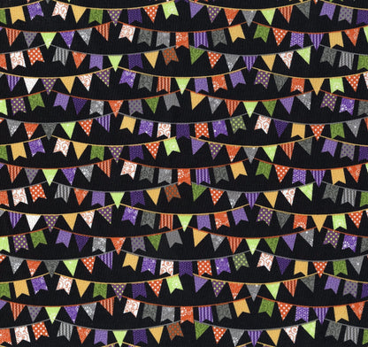 Maywood Studio Kimberbell Hometown Halloween Fabric Collection Flags on Black Premium 100% Cotton Quilt Shop Quality Fabrics