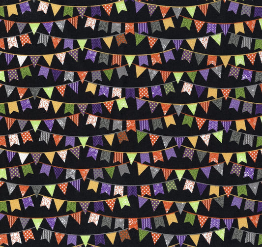 Maywood Studio Kimberbell Hometown Halloween Fabric Collection Flags on Black Premium 100% Cotton Quilt Shop Quality Fabrics