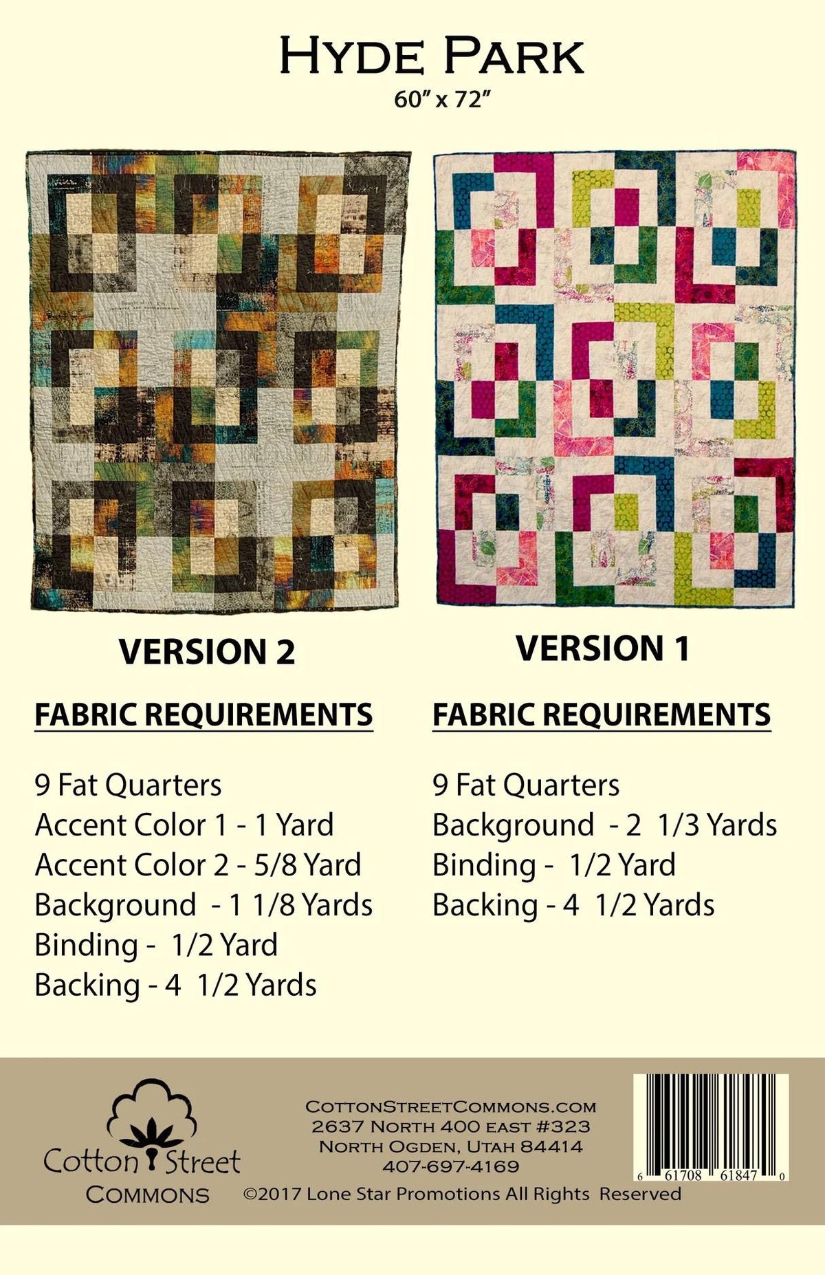 Cotton Street Commons Hyde Park Quilt Pattern Finished Size 60”x72”