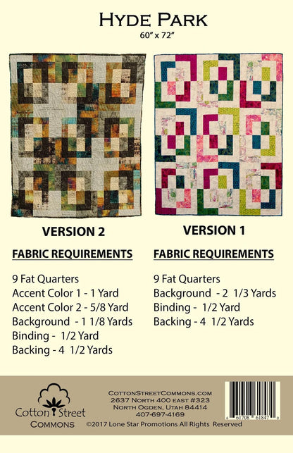 Cotton Street Commons Hyde Park Quilt Pattern Finished Size 60”x72”