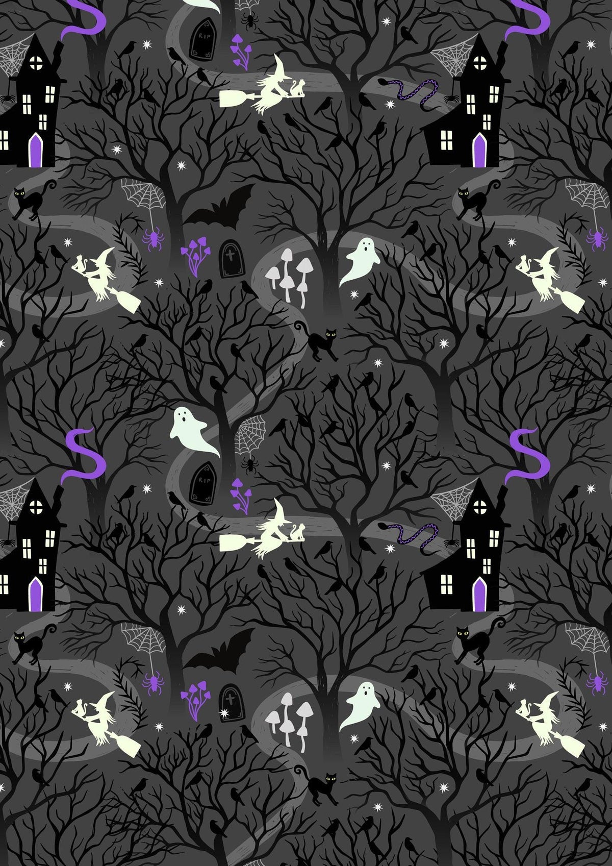 Glow-In-The-Dark Lewis & Irene Witchy Woods Fabric Collection Witchy Woods on Dark Gray Authentic Premium 100% Cotton Fabrics