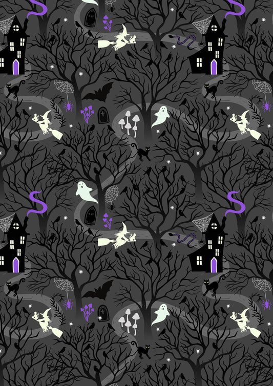 Glow-In-The-Dark Lewis & Irene Witchy Woods Fabric Collection Witchy Woods on Dark Gray Authentic Premium 100% Cotton Fabrics