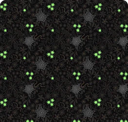 Glow-In-The-Dark Lewis & Irene Witchy Woods Fabric Collection Floral Cobwebs on Black Authentic Premium 100% Cotton Fabrics