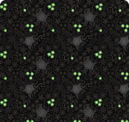 Glow-In-The-Dark Lewis & Irene Witchy Woods Fabric Collection Floral Cobwebs on Black Authentic Premium 100% Cotton Fabrics
