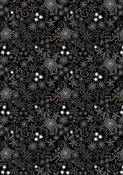 Glow-In-The-Dark Lewis & Irene Witchy Woods Fabric Collection Floral Cobwebs on Black Authentic Premium 100% Cotton Fabrics