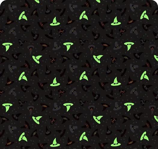 Glow-In-The-Dark Lewis & Irene Witchy Woods Fabric Collection Witches Hats on Dark Gray Authentic Premium 100% Cotton Fabrics