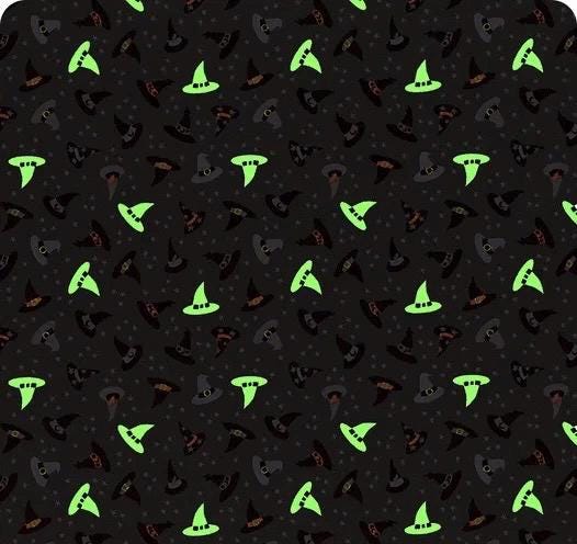 Glow-In-The-Dark Lewis & Irene Witchy Woods Fabric Collection Witches Hats on Ghostly Gray Authentic Premium 100% Cotton Fabrics
