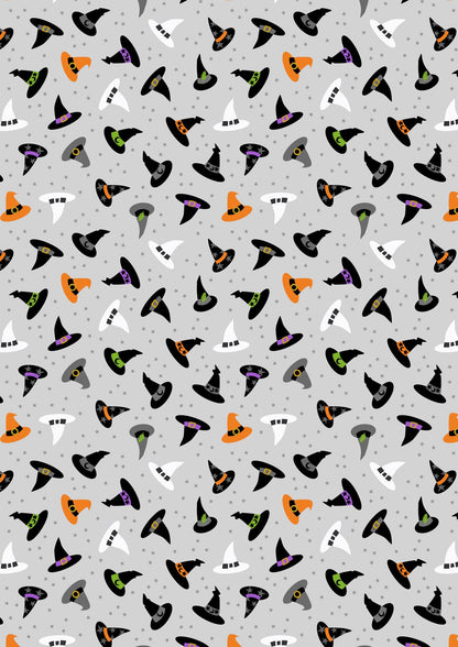 Glow-In-The-Dark Lewis & Irene Witchy Woods Fabric Collection Witches Hats on Ghostly Gray Authentic Premium 100% Cotton Fabrics