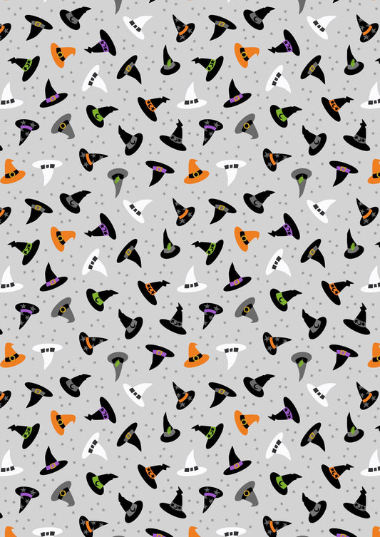 Glow-In-The-Dark Lewis & Irene Witchy Woods Fabric Collection Witches Hats on Ghostly Gray Authentic Premium 100% Cotton Fabrics