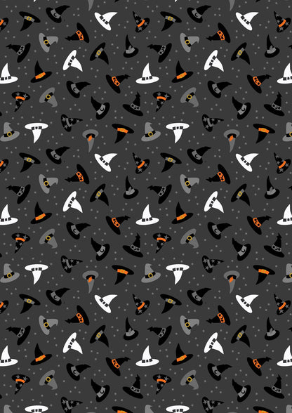 Glow-In-The-Dark Lewis & Irene Witchy Woods Fabric Collection Witches Hats on Dark Gray Authentic Premium 100% Cotton Fabrics