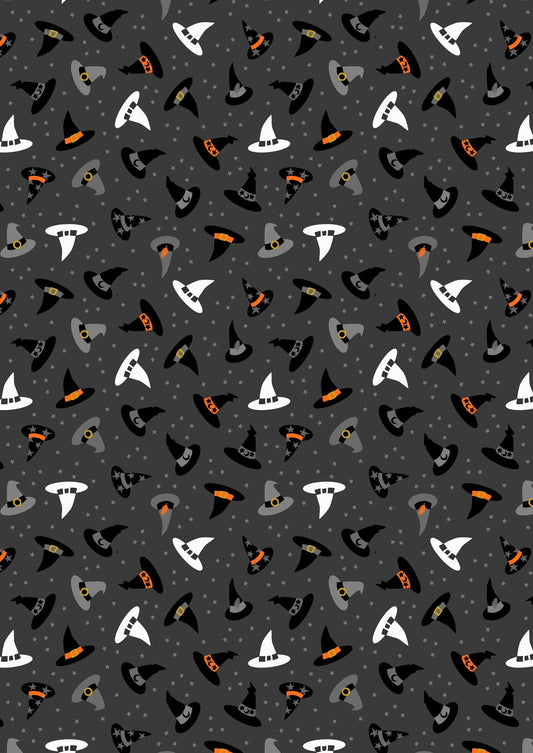 Glow-In-The-Dark Lewis & Irene Witchy Woods Fabric Collection Witches Hats on Dark Gray Authentic Premium 100% Cotton Fabrics