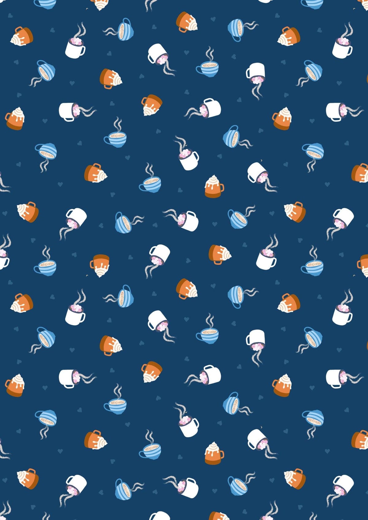 Lewis & Irene Small Things Snuggle Season Fabric Collection Warming Mugs on Dark Blue Authentic Premium 100% Cotton Fabrics