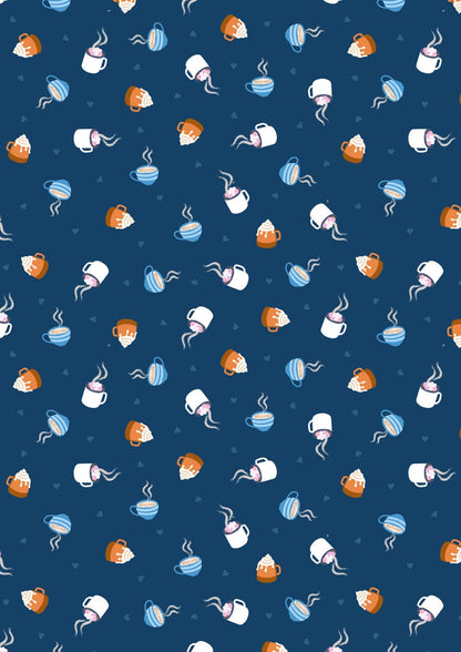 Lewis & Irene Small Things Snuggle Season Fabric Collection Warming Mugs on Dark Blue Authentic Premium 100% Cotton Fabrics