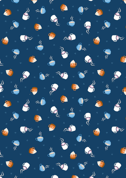 Lewis & Irene Small Things Snuggle Season Fabric Collection Warming Mugs on Dark Blue Authentic Premium 100% Cotton Fabrics