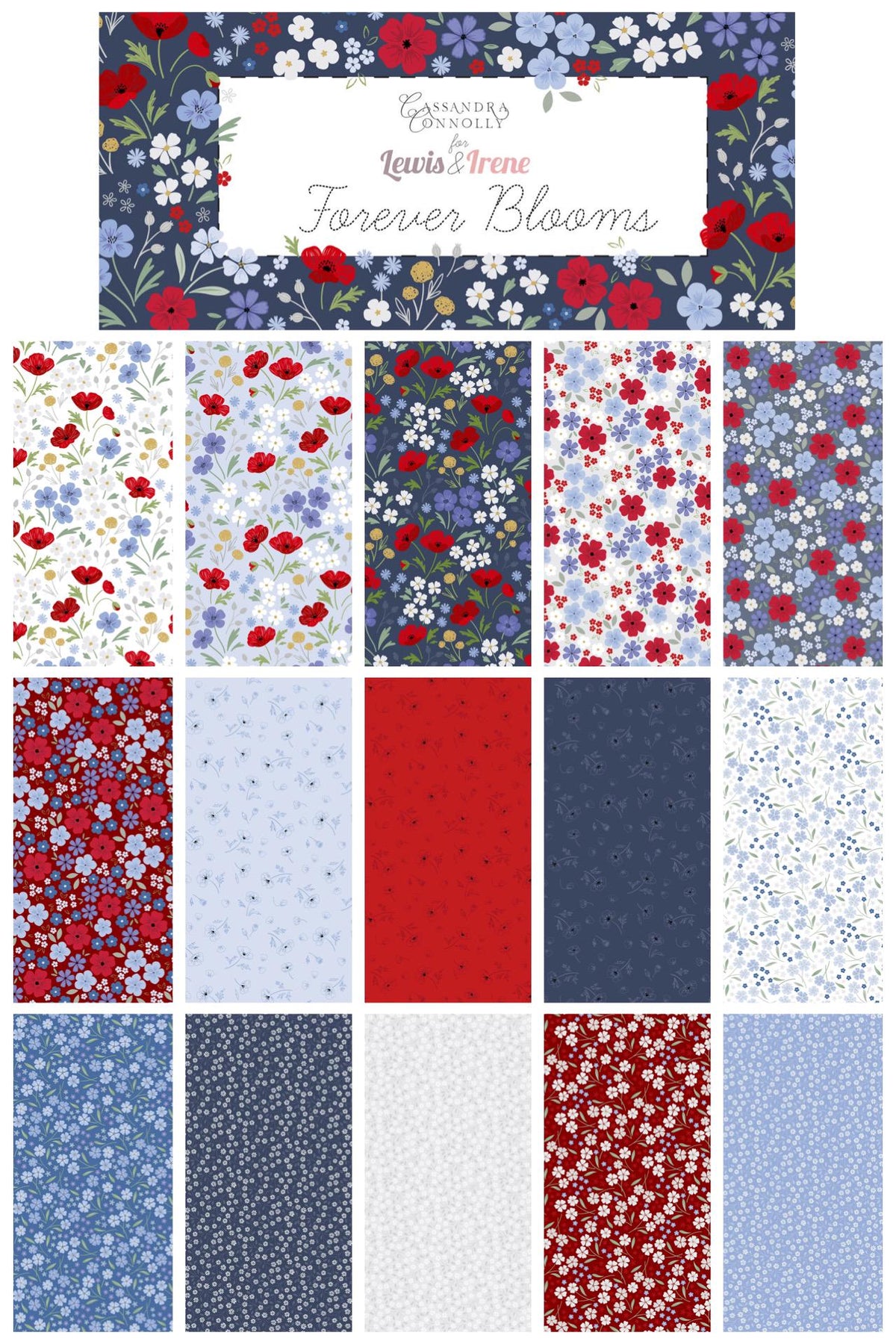 Lewis & Irene Forever Blooms Fabric Collection Wild Blooms on Prussian Blue Premium 100% Cotton Quilt Shop Quality Fabrics