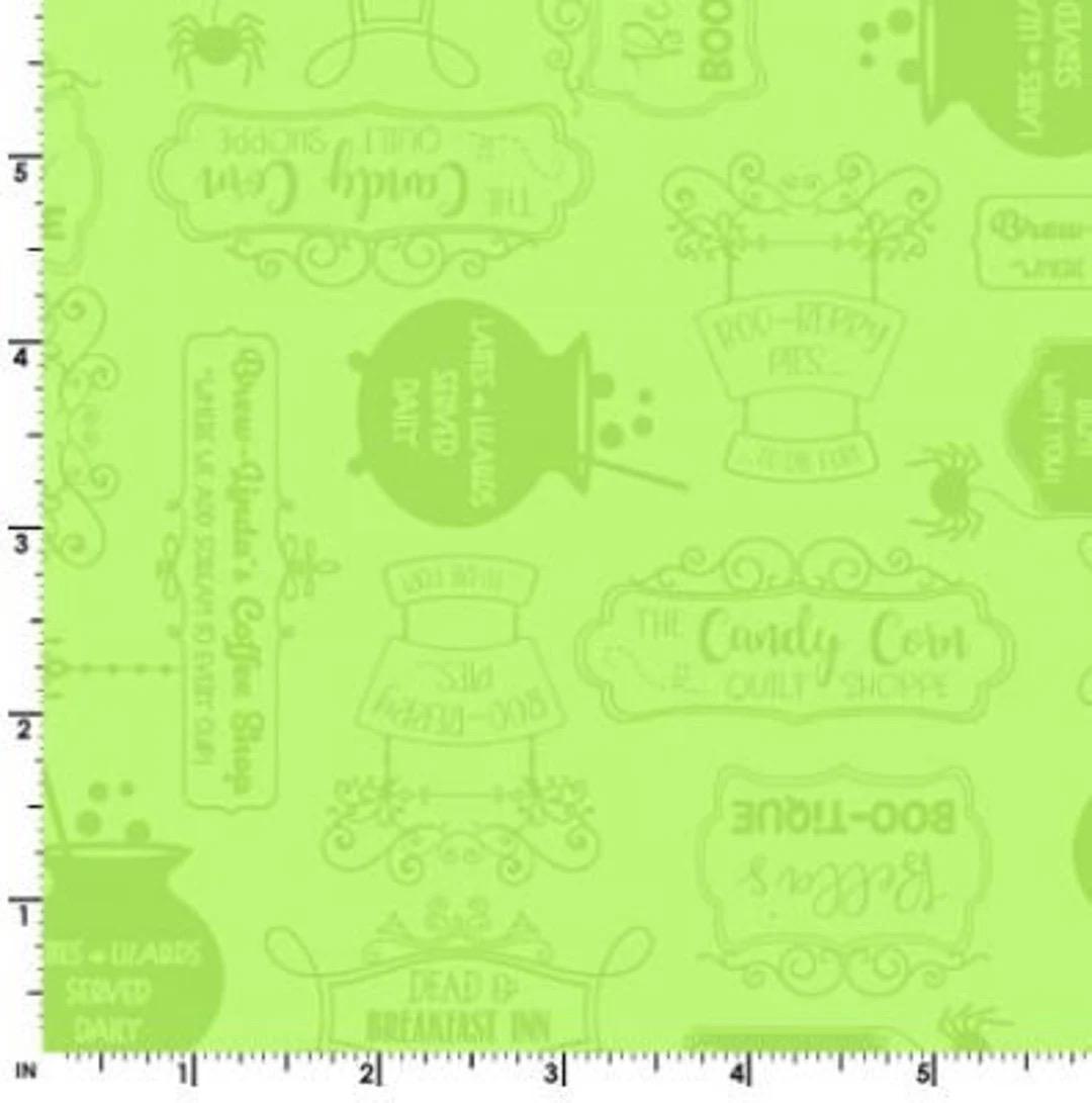 END OF BOLT 7" Maywood Studio Kimberbell Hometown Halloween Fabric Collection Potions on Green Premium 100% Cotton Fabrics