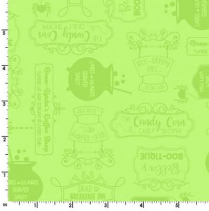 END OF BOLT 7" Maywood Studio Kimberbell Hometown Halloween Fabric Collection Potions on Green Premium 100% Cotton Fabrics