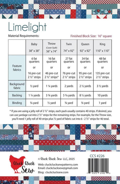 Cluck Cluck Sew Quilts Limelight Quilt Pattern - 5 Size Variations Per Pattern CCS#226