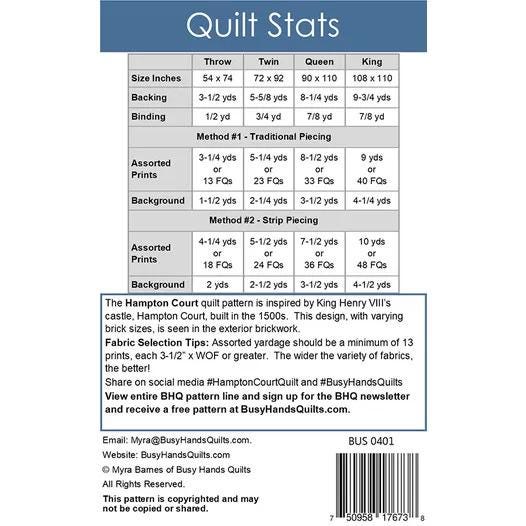 Busy Hands Quilts Hampton Court Quilt Pattern - 4 Size Variations Per Pattern BUS0401