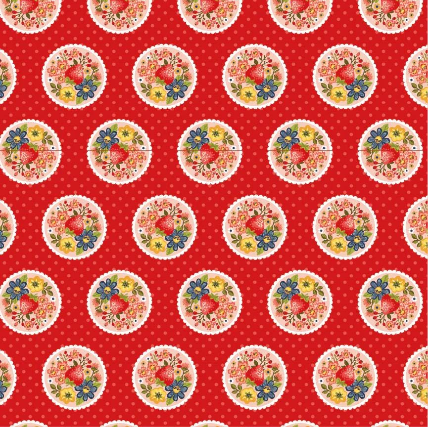 Poppie Cotton Betsy’s Sewing Box Fabric Collection Strawberry Pie on Red Authentic Premium 100% Cotton Fabrics