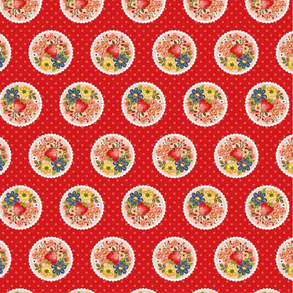 Poppie Cotton Betsy’s Sewing Box Fabric Collection Strawberry Pie on Red Authentic Premium 100% Cotton Fabrics