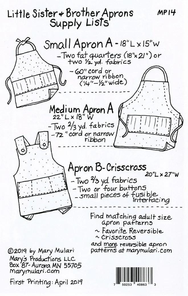 Mary Mulari Little Sister & Brother Reversible Apron Pattern - 3 Versions Per Pattern MP14
